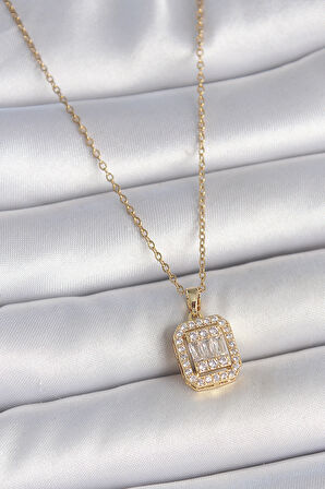 316L Çelik Gold Renk Zincir Kare Zirkon Taş Model Kadın Kolye - TJ-BKO10059