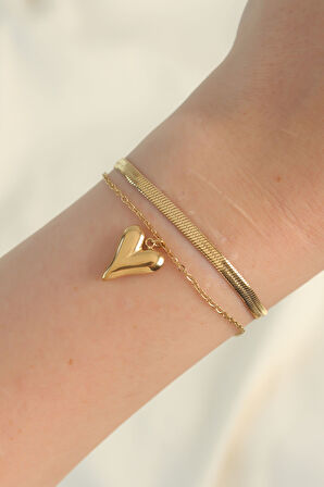 316L Çelik Gold Renk İtalyan Zincirli Kalp Model Bileklik - TJ-BB6099