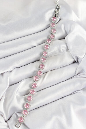 Pirinç Pembe Zirkon Taşlı Daire Baget Model Gümüş Renk VIP Seri Kadın Bileklik - TJ-BB7511