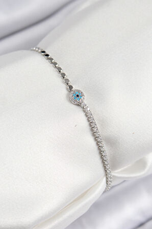 Pirinç Zirkon Taşlı Nazar Model Ezme Zincir Gümüş Renk Kadın Bileklik - TJ-BB7584