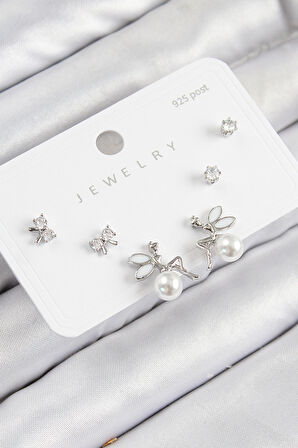 Pirinç Zirkon Taşlı İnci Melek Model Gümüş Renk 925 Ayar Gümüş Çivi Kadın Küpe Set - TJ-BKP11187