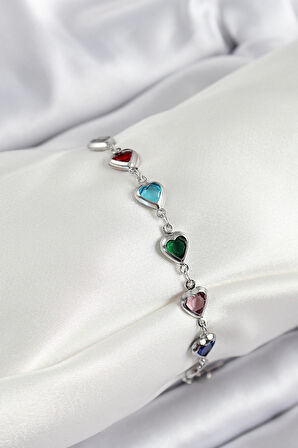 Pirinç Gümüş Renk Karışık Renk Kalp Zirkon Taşlı Kadın Bileklik - TJ-BB7052