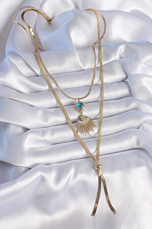 316L Çelik Gold Renk 2'li Zincir İtalyan Zincir Göz Model Zirkon Taşlı Kadın Kolye - TJ-BKO9384