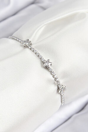 Pirinç Zirkon Taşlı Yıldız Model Gümüş Renk Asansörlü Kadın Bileklik - TJ-BB7736