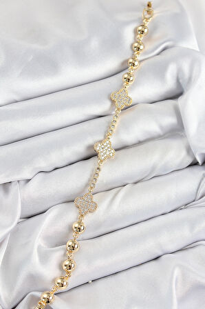 Pirinç Zirkon Taşlı Yonca Model Gold Renk Kadın Bileklik - TJ-BB7561