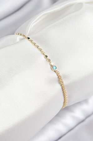 Pirinç Zirkon Taşlı Boncuk Model Ezme Zincir Gold Renk Kadın Bileklik - TJ-BB7597