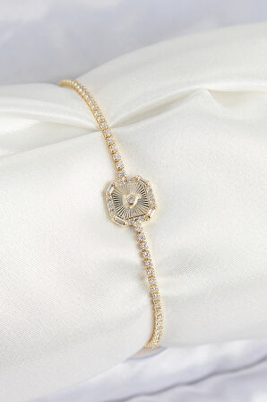 Pirinç Zirkon Taşlı Kare Model Gold Renk Kadın Bilekilk - TJ-BB7661