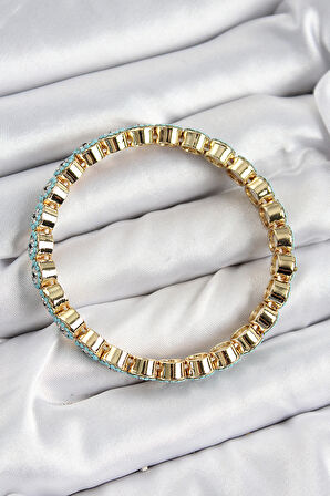 Pirinç Zirkon Taşlı Turkuaz Nazar Model Gold Renk Lastikli Kadın Bileklik - TJ-BB7496