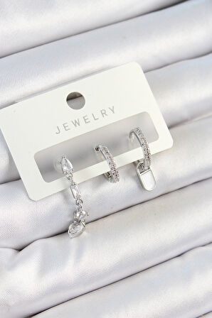 Pirinç Zirkon Taşlı Sallantılı Model Gümüş Renk 3'lü Çift Kadın Küpe Set - TJ-BKP10787