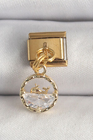 316L Çelik Gold Renk Sallantı Zirkon Taşlı Balina Model Nomination Charm - TJ-BC1339