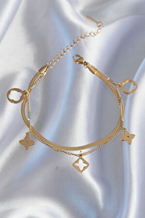 316L Çelik Gold Renk Çift Zincir Yonca Tasarım Bileklik - TJ-BB6181