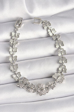 Pirinç Gümüş Renk Zirkon Taşlı Kelebek Model Zincir Kadın Bileklik - TJ-BB6835