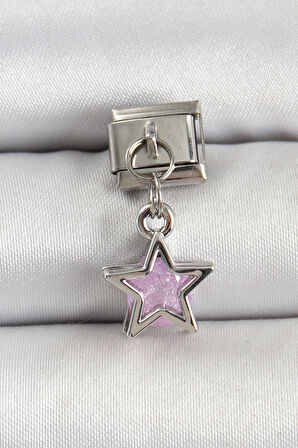 316L Çelik Gümüş Renk Pembe Taşlı Yıldız Model Nomination Charm - TJ-BC1503