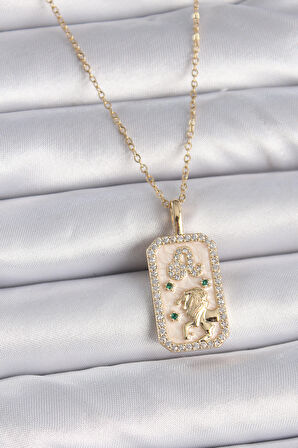 316L Çelik Gold Renk Zincir Aslan Burcu Zirkon Taşlı Kadın Kolye - TJ-BKO9460