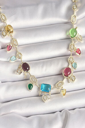 Pirinç Gold Renk Renli Zirkon Taşlı VIP Seri Kadın Kolye - TJ-BKO10004