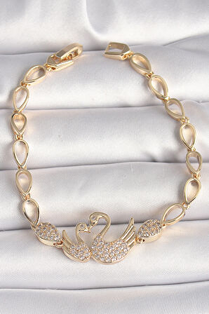 Pirinç Gold Renk Zirkon Taşlı Kuğu Figür Damla Zincir Model Kadın Bileklik - TJ-BB6849