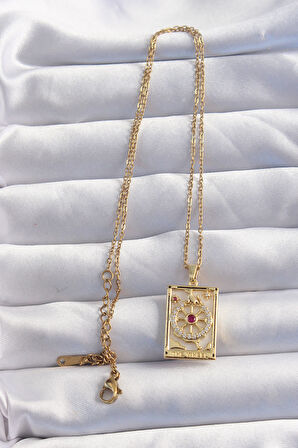 316L Çelik Zincir Gold Renk Pembe Zirkon Taşlı Tarot Kolye - TJ-BKO8982