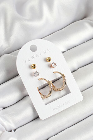 Pirinç Zirkon Taş Ve Halka Figürlü Gold Renk 3'lü Çift Kadın Küpe Set - TJ-BKP10652