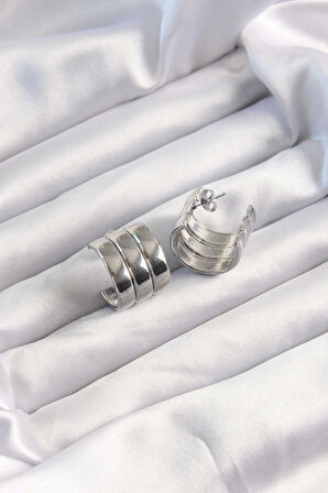 316L Çelik Gümüş Renk 3lü Görünüm Bombe Model Yarım Halka Küpe - TJ-BKP9490