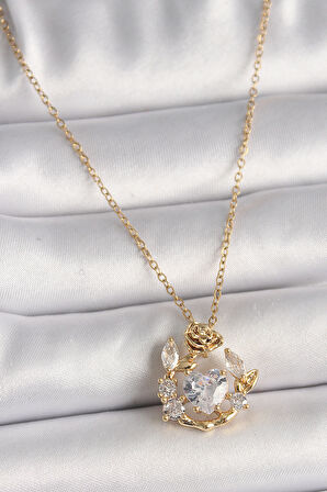 316L Çelik Gold Renk Zincir Zirkon Taşlı Kalp Model Gül Detay Kadın Kolye - TJ-BKO9808