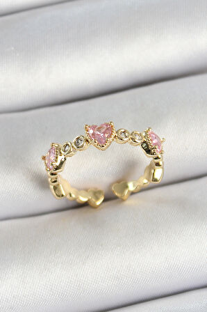 Pirinç Sıralı Kalp Figürlü Zirkon Taşlı Gold Renk Ayarlanabilir Kadın Yüzük - TJ-BYK3756