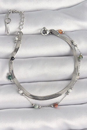 316L Çelik Gümüş Renk 2'li İtalyan Zincir Kristal Taş Detay Kadın Bileklik - TJ-BB6666