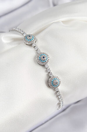 Pirinç Zirkon Taşlı Nazar Model Gümüş Renk Kadın Bileklik - TJ-BB7704