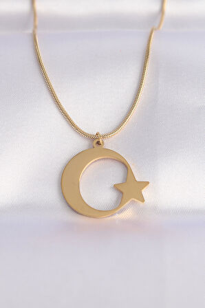 316L Çelik Zincir Gold Renk Ay Yıldız Unisex Kolye - TJ-BKO8699