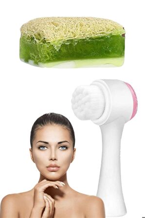 2'li Cilt Bakım Kabak Lifli Keçi Sütü Aloe Vera Sabun Çift Taraflı Yüz Temizleme Fırçası