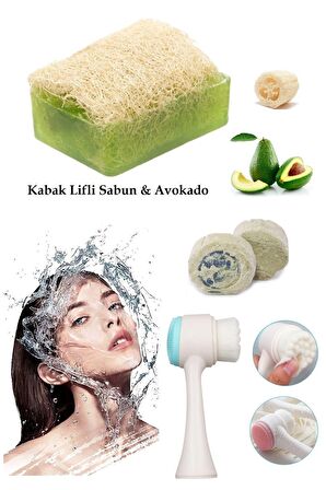 3lü Set Yüz Temizleme Fırçası Cilt Bakım Arındırıcı Lifli Peeling Avokado Sabun Akne,Leke Ruşur Taşı