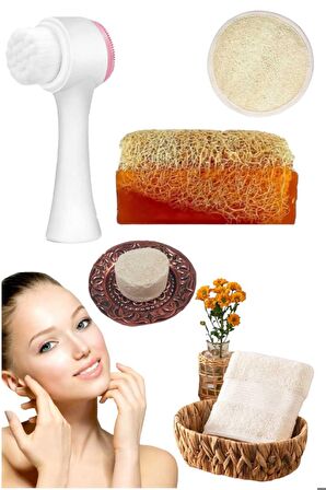 5'li Tüm Cilt Temizleme Kabak Lifli Eşek Sütlü Sabun Gerdirme Beyazlatıcı Peeling Ruşur Taşı Havlu Temizleme Fırçası