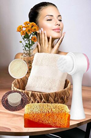 5'li Tüm Cilt Temizleme Kabak Lifli Eşek Sütlü Sabun Gerdirme Beyazlatıcı Peeling Ruşur Taşı Havlu Temizleme Fırçası