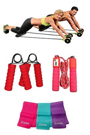 4'lü Set Karın Kası Spor Aleti Kas Germe Güçlendirme 3'lü Pilates Bandı Sayaçlı Atlama Ipi El Yayı