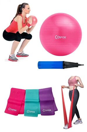 3lü Set 20 Cm Mor Mini Jimnastik Egzersiz Denge Pilates Topu 3'lü Pilates Bandı Seti Büyük Boy Pompa