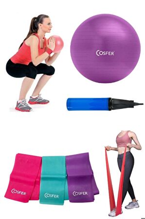 3lü Set 20 cm Mor Mini Jimnastik Egzersiz Denge Pilates Topu 3'lü Pilates Bandı Seti Büyük Boy Pompa