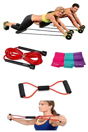 4'lü Set Göbek Eritme Spor Aleti Kas Germe Güçlendirme Pilates Bandı Seti Atlama Ipi Direnç Lastiği