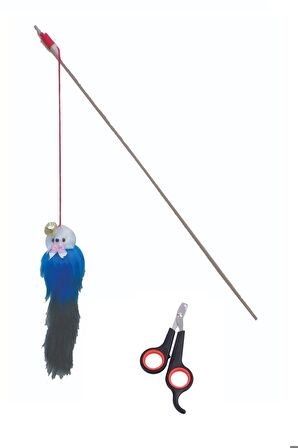 2li Set Ahşap Tüylü Çıngıraklı Kedi Oltası Evcil Hayvan Tırnak Makası