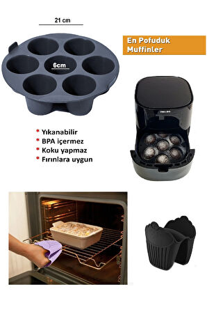 2'li Set Airfryer 7 Gözlü Silikon Mini Muffin Yapışmaz Cupcake, Brownies, Pasta Kek Kalıbı Silikon Fırın Eldiveni Tutacağı