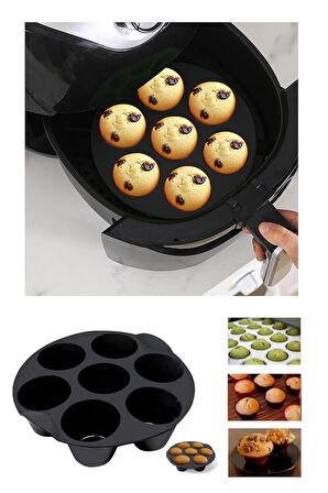 2'li Set Airfryer 7 Gözlü Silikon Mini Muffin Yapışmaz Cupcake, Brownies, Pasta Kek Kalıbı Silikon Fırın Eldiveni Tutacağı