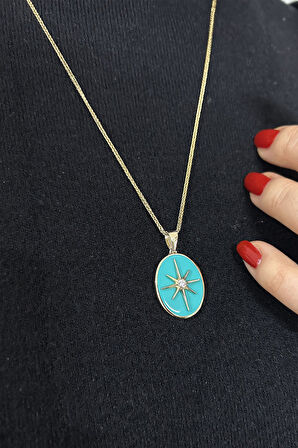 Turkuaz Mineli Oval Kuzey Yıldızı Madalyon Kolye