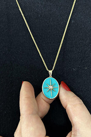 Turkuaz Mineli Oval Kuzey Yıldızı Madalyon Kolye