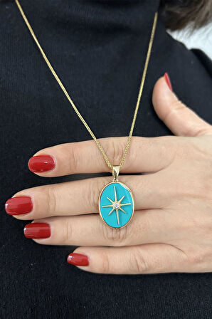 Turkuaz Mineli Oval Kuzey Yıldızı Madalyon Kolye