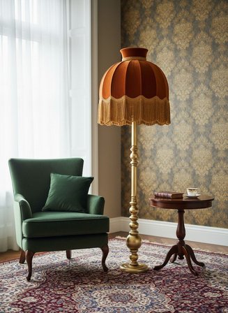 Gold Saçaklı Kiremit Renk Kadife Başlık Gold Ahşap Ayaklı Klasik Lambader 170x50cm