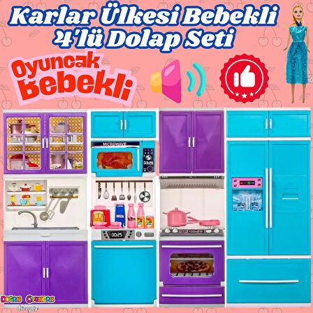 Karlar Ülkesi Bebekli Dörtlü Mutfak Seti - Frozen Modern Mutfak Seti - Işıklı Sesli Mutfak Oyuncak - Fırın, Buzdolabı, Bulaşık, Lavabo
