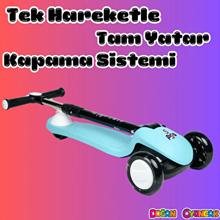 Lupa Katlanabilir Işıklı 3 Tekerlekli Turkuaz Scooter - Işıklı Scooter - Slikon Teker Scooter - Çocuk Scooter - İttir Git
