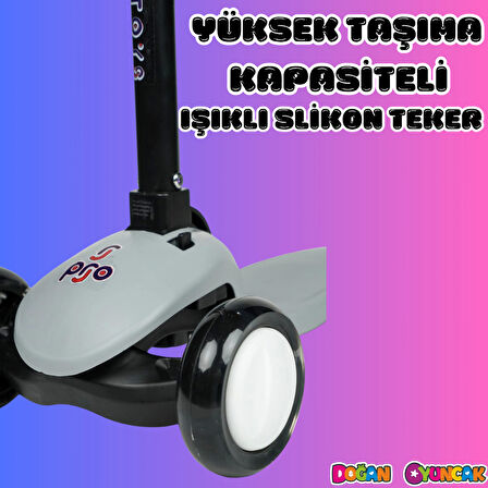 Lupa Katlanabilir Işıklı 3 Tekerlekli Gri Scooter - Işıklı Scooter - Slikon Teker Scooter - Çocuk Scooter - İttir Git