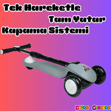 Lupa Katlanabilir Işıklı 3 Tekerlekli Gri Scooter - Işıklı Scooter - Slikon Teker Scooter - Çocuk Scooter - İttir Git