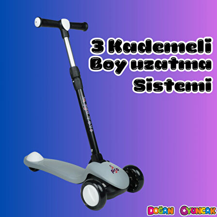 Lupa Katlanabilir Işıklı 3 Tekerlekli Gri Scooter - Işıklı Scooter - Slikon Teker Scooter - Çocuk Scooter - İttir Git
