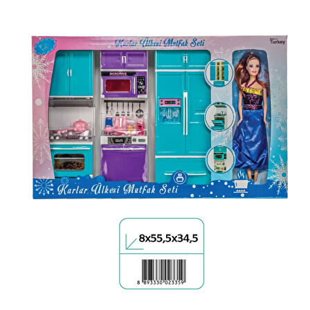 Karlar Ülkesi Bebekli Üçlü Mutfak Seti - Frozen Modern Mutfak Seti - Işıklı Sesli Mutfak Oyuncak - Fırın, Buzdolabı, Bulaşık