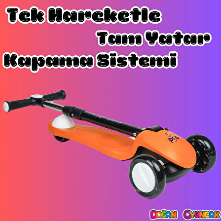 Lupa Katlanabilir Işıklı 3 Tekerlekli Turuncu Scooter - Işıklı Scooter - Slikon Teker Scooter - Çocuk Scooter - İttir Git